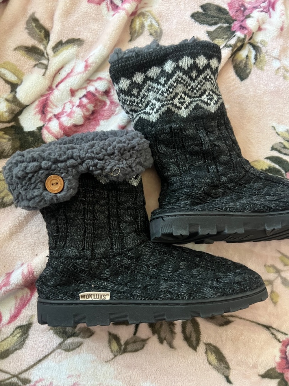 Muk Luks Gray Knit Fold-Over Button Winter Boots with Nordic Trim